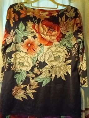 Women's Floral Print Long-Sleeve Women's Top - Navy, Coral & Cream Blooms